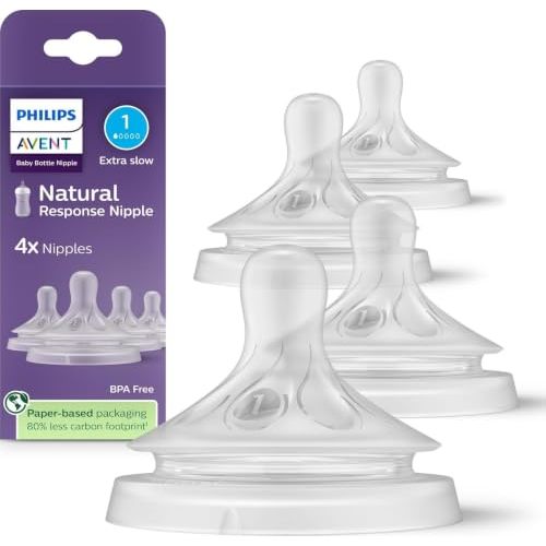 Philips Avent Natural Response Nipples, Extra Slow Flow, BPA-Free, 4-Pack | Baby-Controlled Flow, No-Drip Design, Anti-Colic Valve, Wide Breast-Shaped Nipple, 4-Pack, SCY961/44