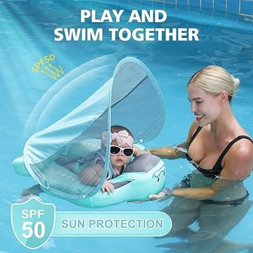 Baby Floats for Pool with Canopy Removable Sun Protection Canopy Mambobaby Float Non Inflatable Upgrade Add Tail Avoid Flip Waterproof Skin-Friendly Infant Swim Float 3-24 Months