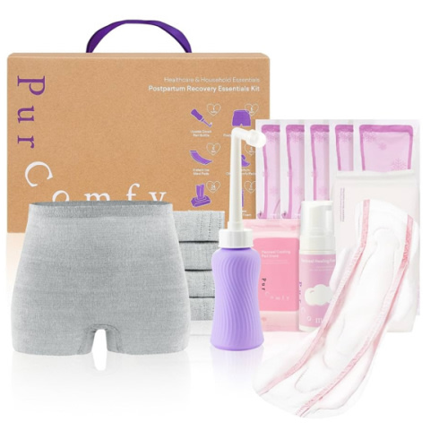 PurComfy 18 Pcs Postpartum Essentials Recovery Kit, Includes 5 Disposable Underwear, 24 Perineal Soothing Pad Liners, Perineal Soothing Foam, 5 Instant Ice Pads, Peri Bottle and 5 Postpartum Pads