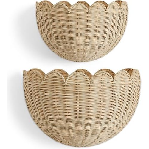 BEBE BASK The Original Scalloped Wicker Wall Basket – Set of 2 – Handwoven Scalloped Wall Baskets (16 x 10 x 7 in), Woven Rattan Wall Hanging Baskets - Natural Scalloped Basket