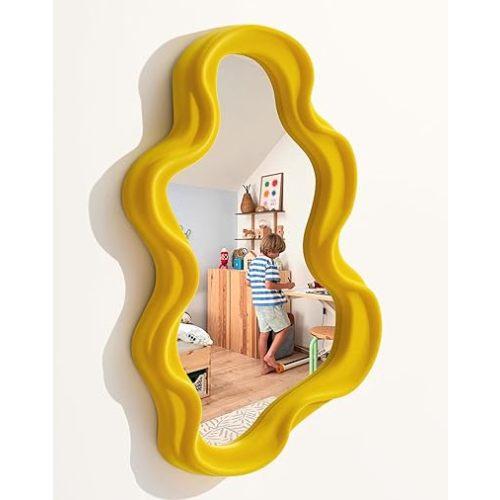 Trendy Bedroom Mirrors for Wall Decor, Soft Velvet Wall Mounted Cloud Mirror for Girl Teen Women Bedroom Decoration, Cute Hanging Sculpture Home Accent for Dining Room Kitchen (Yellow-Orange)