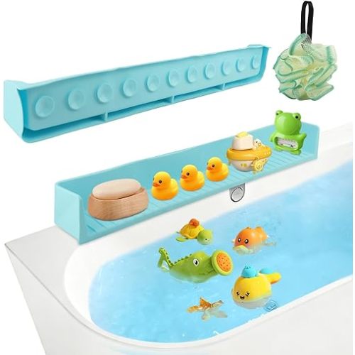 Bathtub Splash Guard, Longer Silicone Splash Guard for Bathtub with 11 Suction Cups, Prevents Water Spills in Bathroom, with Storage Area, 31.5" x 4.53" (Color:Blue)
