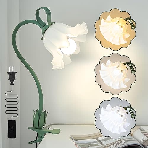 Clip on Light Flower Desk Lamp with Clamp,3 Color Modes LED Eye-Caring Reading Light Flexible Gooseneck Book Light Study Clip on Lamp for Desk Piano Office Headboard Dorm Bed (Green Lamp)