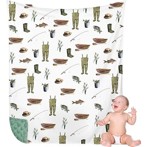 HunnmingRe Baby Blanket for Boys Fishing Blankets for Newborn Double Layer Toddler Registry Nursery Must Have, 30 x 40 Inch Soft Muslin Cotton Front Dotted Fleece Backing