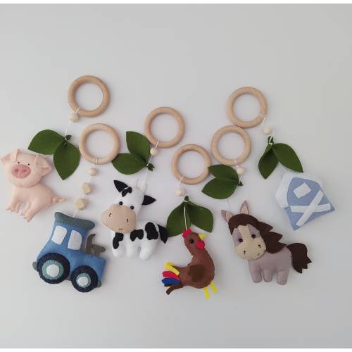 Farm Animal Baby Gym Toys: Felt Hanging Toys, Beechwood Rings