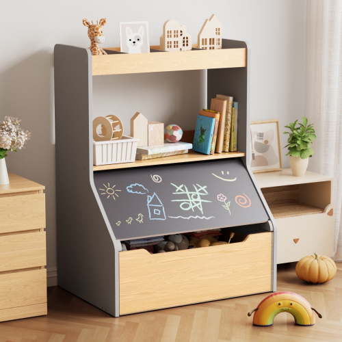 KORIMEFA Toy Storage Box for Toddlers 2+ Years Old , Kids Toy Storage Bin with Chalkboard Lid, Bookshelf & Toy Organizer in One, Made of Durable Plastic (Gray)