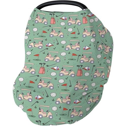 Golf Baby Car Seat Covers Sports Golfing Stretchy 5-in-1 Cover Adjustable Infant Carseat Cover Canopy Golf Clubs Bag Balls Breathable Nursing Cover-Up Green