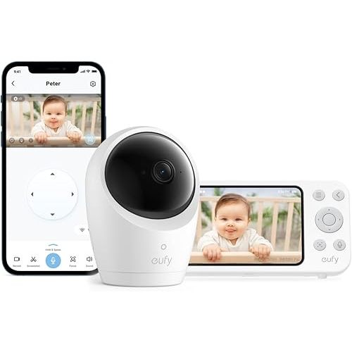 eufy Security Baby Monitor E20 with 2K HD Camera, 5'' 720p Display, Hybrid Wi-Fi & No Wi-Fi Connection, Pan-Tilt, 4X Zoom, Portable Camera with Built-in Battery, 24/7 Recording in App, ANR