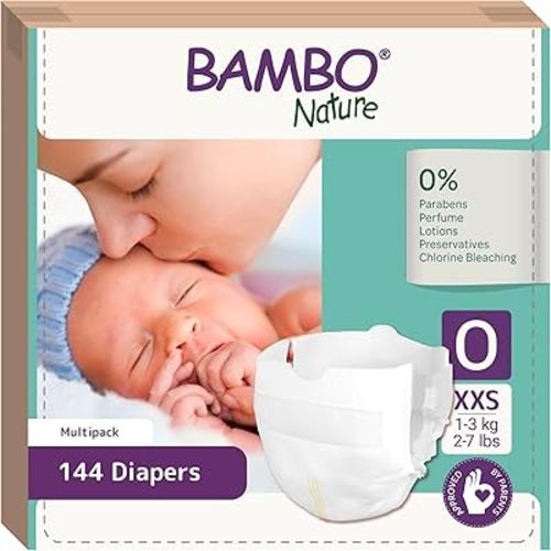 Bambo Nature Hypoallergenic Baby Diapers, Eco-Labeled Sustainable Diapers, Enhanced Leakage Protection, Totally Chlorine-Free, Skin Friendly, and Super Absorbent - Size 0 (144 Count)