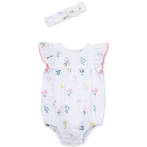 Baby Girls Cotton Eyelet Floral Bubble Romper & Headband, 2 Piece Set