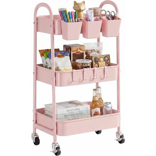 danpinera 3-Tier Rolling Cart, Utility Cart Mobile Metal Rolling Storage Cart with Lockable Wheels & Hanging Cups & Hooks for Kitchen, Bathroom, Office, Workshop, Pink