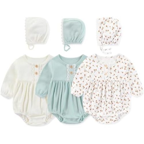 MAMIMAKA Newborn Baby Girl Clothes Cotton Bubble Rompers Infant Outfit Floral Long Sleeve Bodysuit, 3 Pack