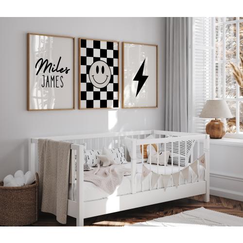 Personalized Checkered Boys Wall Art, Set Of 3 Prints, Lightning Bolt Wall Art, Nursery Name Sign, Black and Tan, Checkered Poster