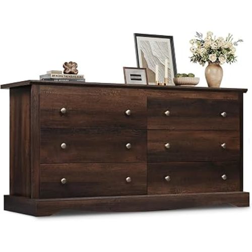 WLIVE 59" Dresser for Bedroom, Wooden 6 Drawer Dresser with Exclusive Anti-Tip Structure, Large Modern Chest of Drawers for Living Room, Hallway, Closet, Home Furniture, TV Stand, Rustic Brown