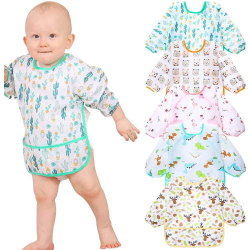 Lictin Long Sleeve Bibs,5 Pcs Waterproof Smock Baby Bibs for Toddler Boys Girls, 0-24 Months Neutral Baby Smock for Eating, Easy to Clean
