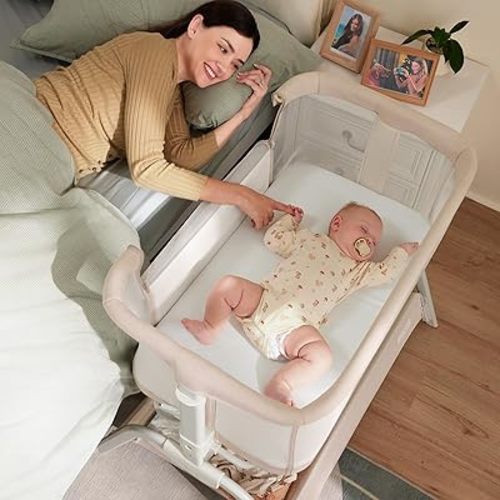 HARPPA Cuddly Bassinet, 2 in 1 Baby Bassinet with Breathable Mesh and Mattress, 6 Height Adjustable, Bedside Sleeper with Anchor Strap, Storage Basket and Wheels, Sand Cream