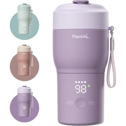 Papablic Pro Portable Bottle Warmer for Travel, Fast 2X Heating, Built-in Sterilizer, 5 Temp Settings, Water & Baby Milk & Formula Warmer on the Go, Smart Keep Warm, Lilac Purple