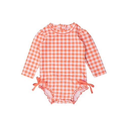 RuffleButts Baby Girls UPF 50+ Sun Protection Gingham Printed Long Sleeve One Piece Rash Guard Swimsuit with Zipper