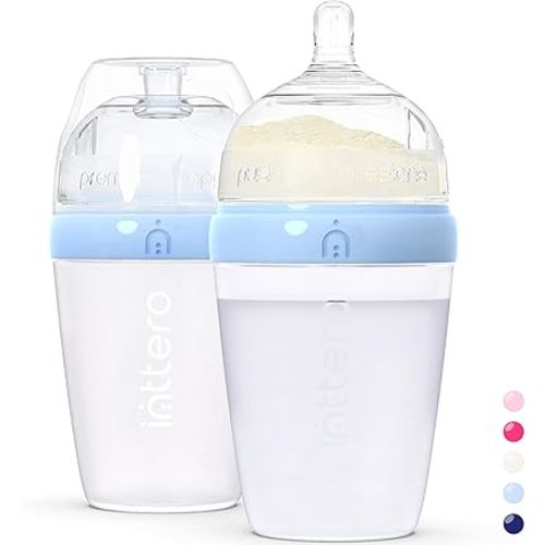 Baby Bottles with Built-in Formula Dispenser, Anti-Colic Wide Neck Design for Newborn Feeding and Everyday Baby Essentials, 9 Oz Medium Flow (2 Pack), Cute Blue