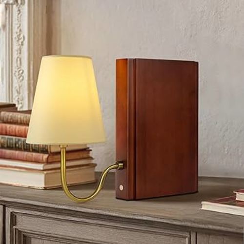AELS Wooden Bookshelf Lamp with Bulb, Table Lamp with Linen Shade, 3-Color Dimmable Touch Control, Modern Decorative Bookend, Book Sconce for Office Home Bedroom Bookshelf, Dark Brown