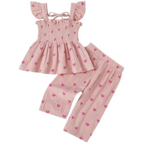 SUREPOCH Toddler Baby Girl Clothes Summer Outfits Heart Daisy Print Sleeveless Camisole Linen Pants Set for Little Girls