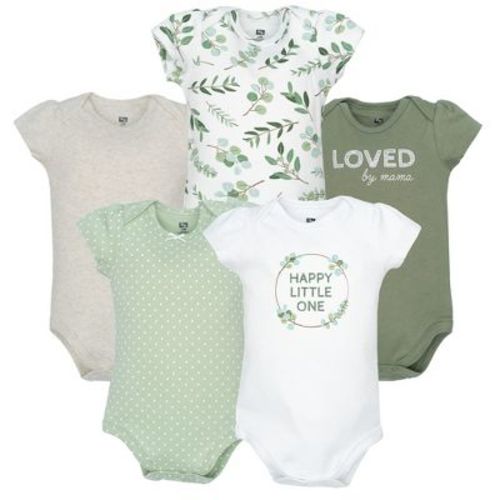 Hudson Baby Infant Girls Cotton Bodysuits 5-Pack, Eucalyptus, 6-9 Months