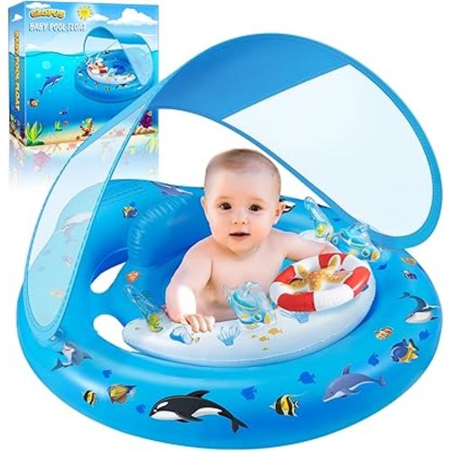 Baby Pool Float with Canopy UPF50+ Sun Protection, Inflatable Kids Pool Floats with Toy Play Console for Baby 6-36 Months, Infant Swimming Float with Adjustable Safety Seat for Boys Girls