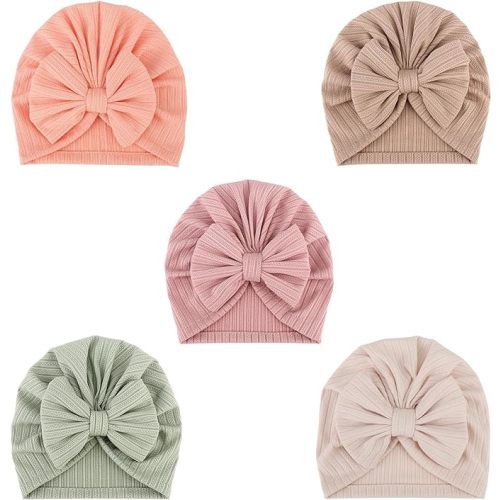 DRESHOW BQUBO 5 Pieces Newborn Baby Turban Hats Bow Baby Infant Beanie Breathable Toddler Cap for Baby Girls