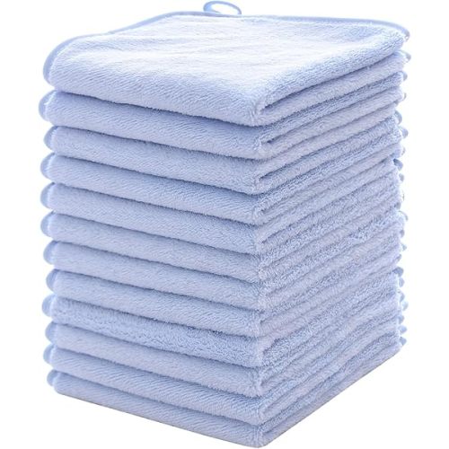 MUKIN Baby Washcloths Set - 12 Pack 12x12 Inches Microfiber Coral Fleece Face Towel for Newborns, Infant, Toddlers or Kids. Ultra Soft and Absorbent wash Cloth for Baby (Blue)