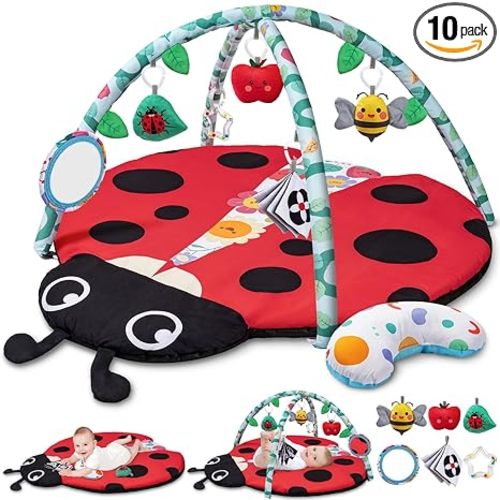 Jyusmile Baby Play Gym Mat, 8-in-1 Tummy Time Mat with 6 Toys, Washable Baby Activity Mat for Visual, Hearing, Sensory, Motor Development, Baby Essentials Gift for Newborn Infant 0-3-6-9-12 Months