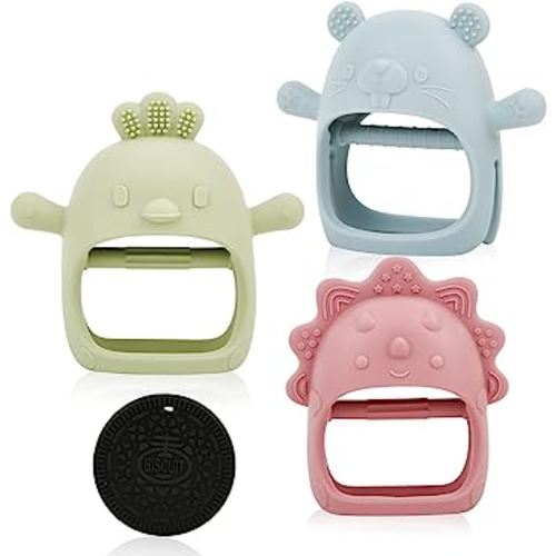 4 Pcs Baby Teething Toys Silicone Teethers for Babies 0-6 Months No Drop Chew Toys Baby Hand Teethers for Soothing Pain Cute Safe Designs
