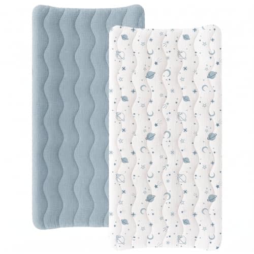 Konssy 2 Pack Quilted Muslin Changing Pad Cover, Waterproof Layer 32" x 16" | 100% Cotton Surface, Absorbent & Soft, Fitted Changing Table Sheets, Full Elastic Fit, for Baby Girls & Boys (Seamist)