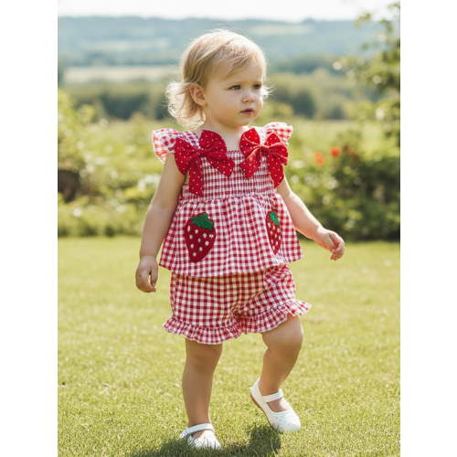 Loicainy Toddler Baby Girl Summer Outfit 6 9 12 18 24 Months 2T 3T Strawberry Embroidered Plaid Bows Ruffled Trim Tank Tops and Shorts 2 Pcs Clothes Set