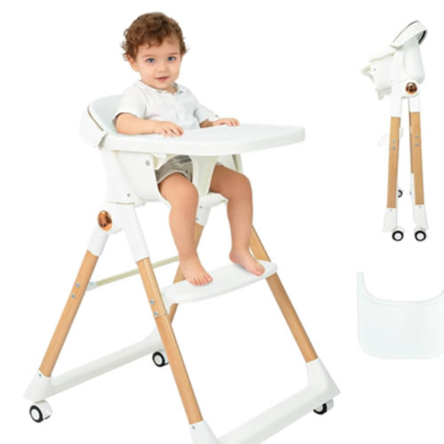 Baby High Chair for Toddler, Foldable High Chair for Dining Table Highchair with 5 Point Harness Seat Removable Adjustable Tray Portable Baby Dinning Chair with Lockable Wheels Easy to Clean Surface