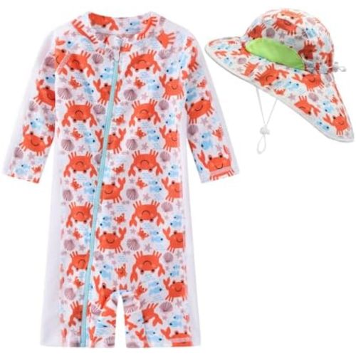 Toddler Baby Boys Swimsuit Rashguard One Piece Zipper Bathing Suit with Sun Hat Infant Swimwear Sunsuit UPF 50+