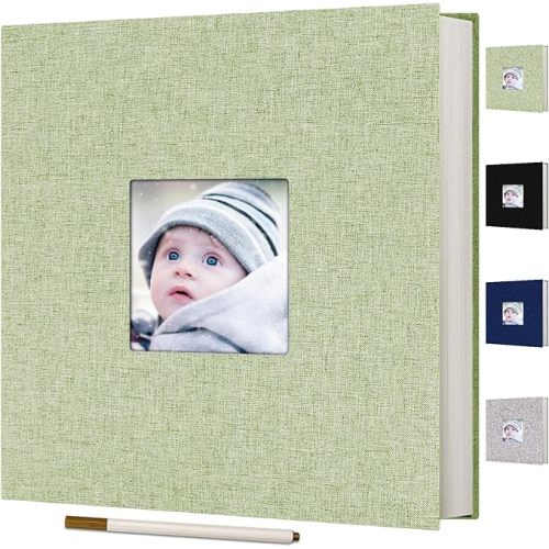Self Adhesive Scrapbook for Photo Albums 4x6 Pictures, Linen Cover Arch Display Window Scrapbook 60 Blank Pages, DIY Scrapbook Photo with A Metallic Pen, Memory Book for Baby Wedding Anniversary Green
