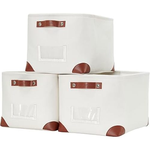 DECOMOMO White Storage Bins Fabric Storage Baskets for Shelves & Linen Closet Organization (Creamy White W/Label holder, Large - 3 Pack)