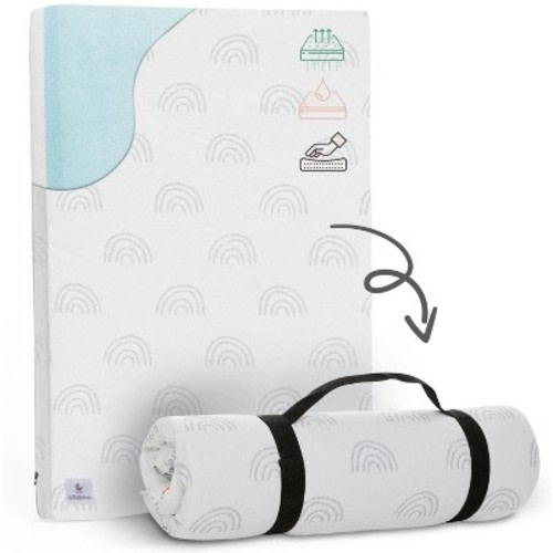 Babylicious Waterproof Pack and Play Mattress Topper – Soft Breathable Memory Foam, Portable Roll-Up Playard Mattress – 38" x 26" – Boho Design