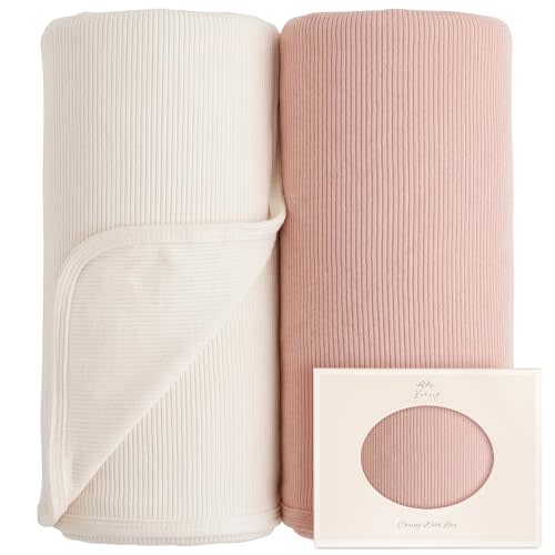 Konssy 2 Pack Ribbed Knit Swaddle Blankets for Baby Boys & Girls, 33"x42" | Soft & Stretchy Knit, Lightweight & Cozy, for Swaddling, Receiving & Stroller, Newborn to Toddler (Pink,Beige)