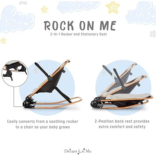 Dream on Me Rock with me 2-in-1 Rocker and Stationary Seat | Compact Portable Infant Rocker with Removable Toys Bar & Hanging Toys in Black & Grey