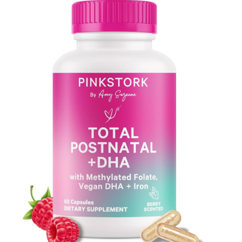 Pink Stork Total Postnatal Vitamins for Women with Vegan DHA, Iron, Folate, and Vitamin B12, Postpartum Recovery Essentials, Daily Supplement for Breastfeeding Moms - 1 Month Supply