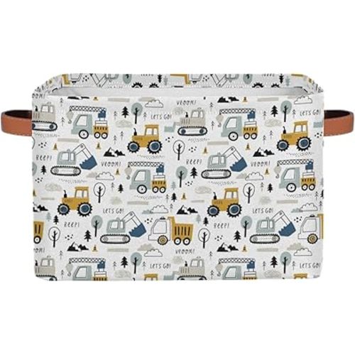 Excavator Car Cube Storage Basket Boy Toys Gifts Empty Basket,Organizer Bins with Handles,Collapsible Canvas Cloth Fabric Storage Basket,Books Kids Toys Bin Boxes,Closet