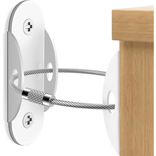 Furniture Anchors 10-Pack, Anti Tip Furniture Anchors for Baby Proofing, Extra-Strong Metal Wall Anchor Straps with Steel Cable to Secure Dresser, Bookcase, Wardrobe & Cabinet, White