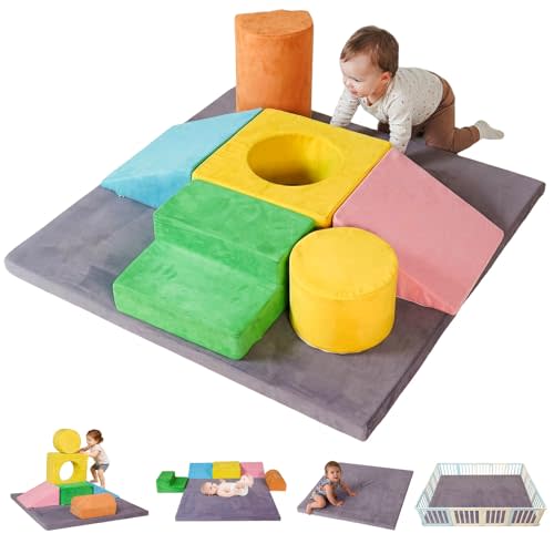 Foam Climbing Blocks for Toddlers with 47" x47'' Crawling Play Mat,7-Piece Soft Play Set,Kids Climbing Toys Indoor,Crawling,Sliding & Building in Playroom & Daycare,Gray & Multicolor