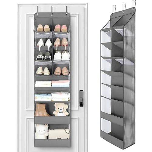 Yecaye Over the Door Shoe Organizer Hanging with Large Pockets, 8 Tier Back of Storage for Nursery, Closet and Bathroom, Partition Behind Door Organizers Shelf with Baby Clothes, 1 Pack (Grey)