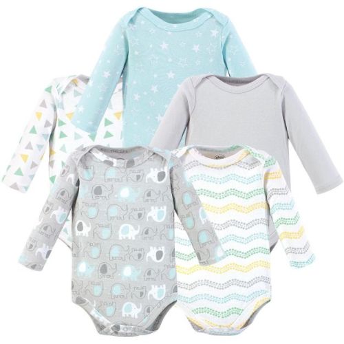 Little Treasure Luvable Friends Long-Sleeve Bodysuits 5pk, Neutral Elephant Print, 3-6M
