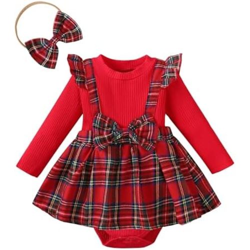 Baby Girl Clothes Sets: 2 Piece Long Sleeve Top Plaid Romper with Headband Fall Winter Outfit for Infant 0-24 Months