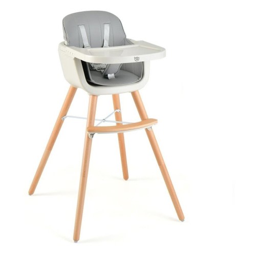 Costway 3-In-1 High Chair Feeding Chair Wood Eating Dining Chair Adjustable Tray & Footrest Grey