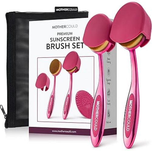 Mothercould Premium Sunscreen Brush Set Kids & Baby Sunblock Applicator with Metal Handles, Travel Bag, 2 Brushes, 2 Caps, & Cleaning Mat Mess-Free Sun Care (2 Pack) (Pink)
