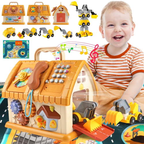 Huge Wave Toddler Montessori Toys for 1+ Year Old, 8-in-1 Multi-Functional Learning House, with 4 Building Cars and Map, Sound & Light Early Educational Kids Christmas Gifts